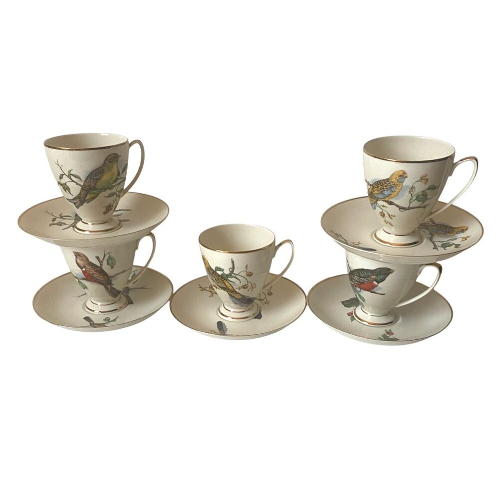 Royal Sphinx 1960 Maastricht Porcelain Bird Coffee Cups Set of 5 Holland Vintage